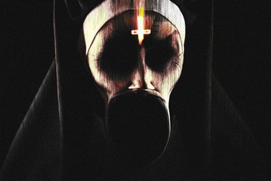 Terrifying nun with overturned cross on forehead and distorted in scream mouth