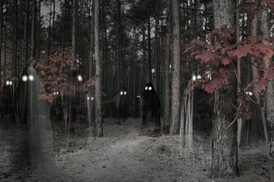 Image of Creepy ghosts with glowing eyes among trees in forest