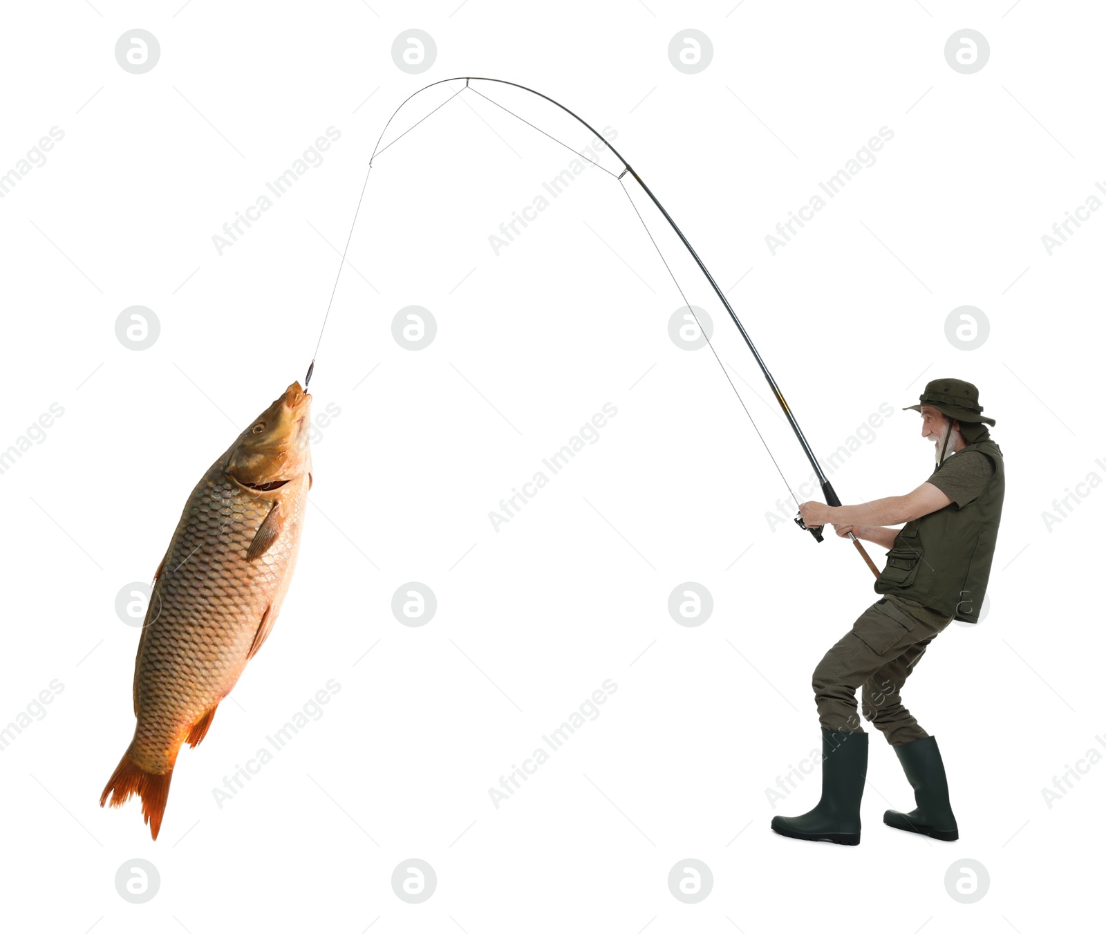 Image of Fisherman in rubber boots catching fish on white background