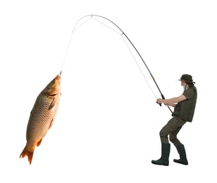 Image of Fisherman in rubber boots catching fish on white background