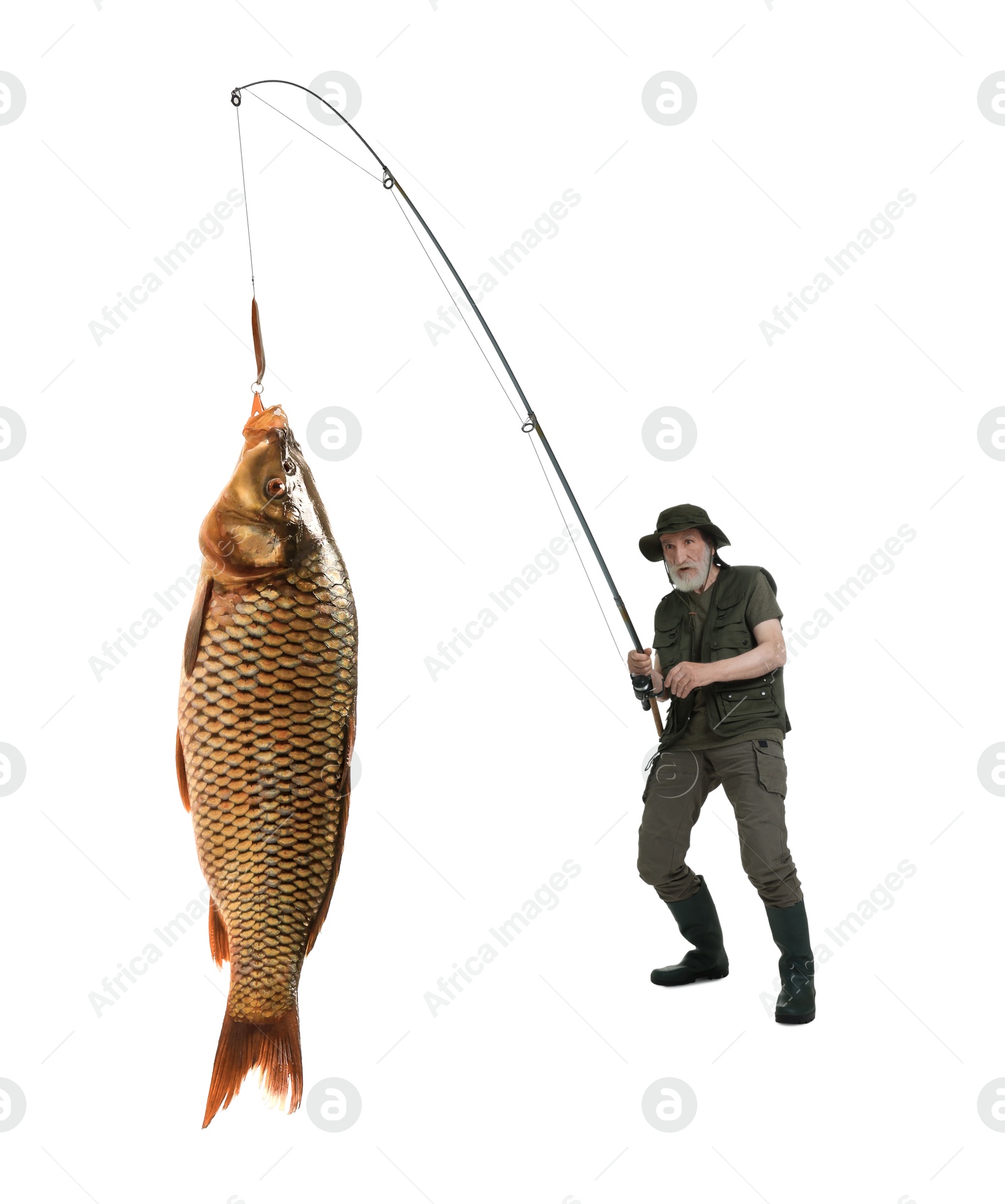 Image of Fisherman in rubber boots catching fish on white background