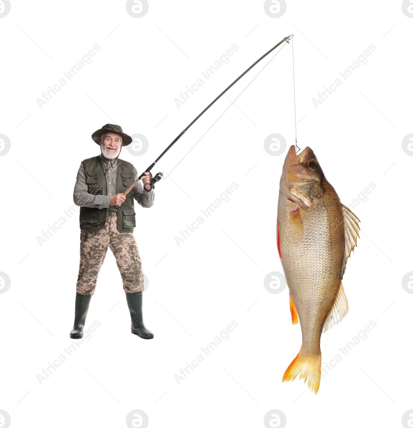 Image of Fisherman in rubber boots catching fish on white background