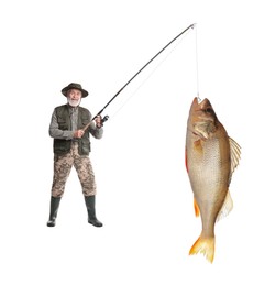 Fisherman in rubber boots catching fish on white background