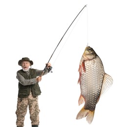 Image of Fisherman in hat catching fish on white background