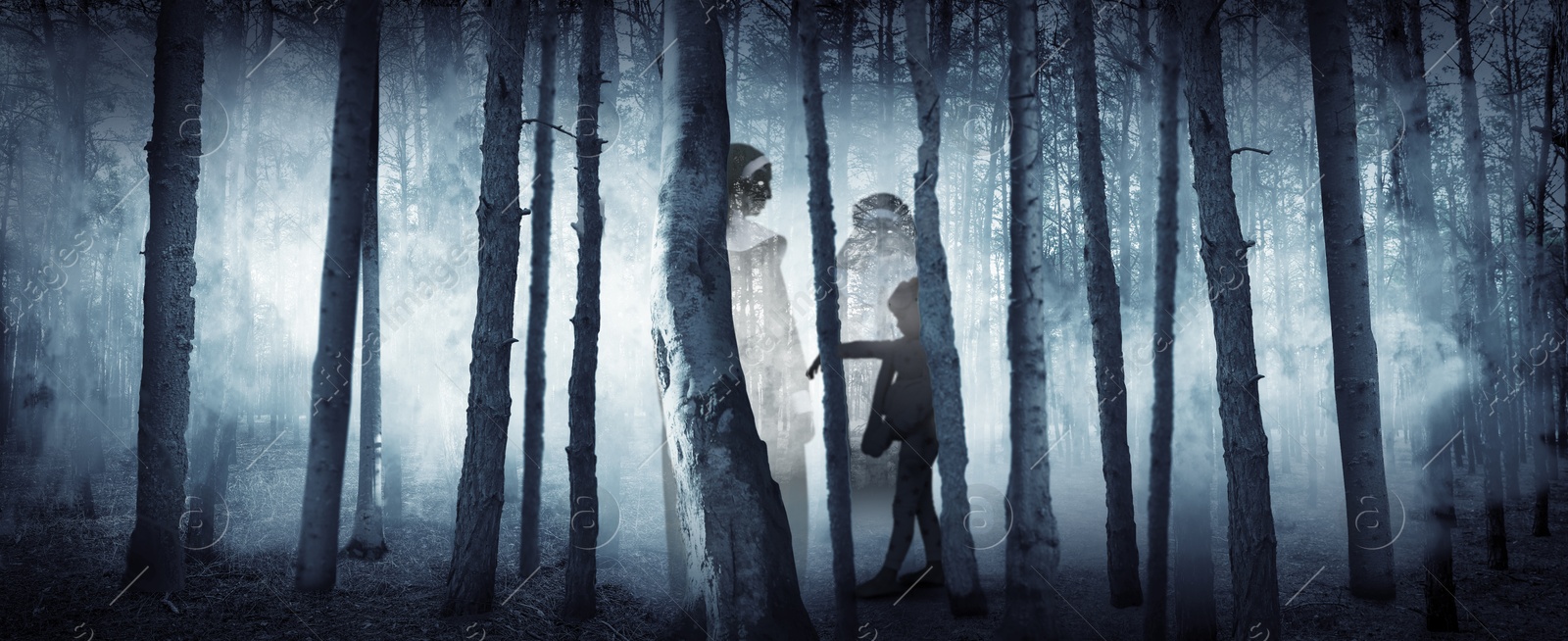 Image of Spellbound by ghosts of nuns child in misty forest. Banner design