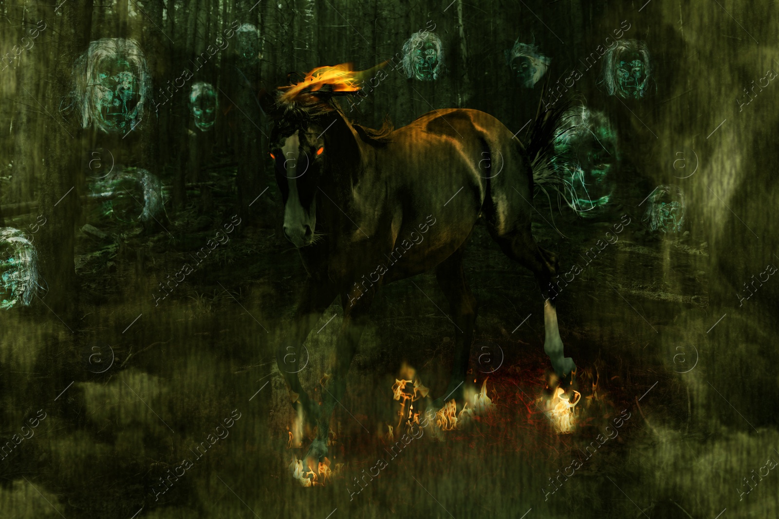 Image of Creepy hell horse surrounded by ghosts in forest