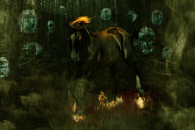 Creepy hell horse surrounded by ghosts in forest