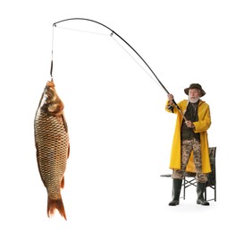 Fisherman in yellow raincoat catching fish on white background