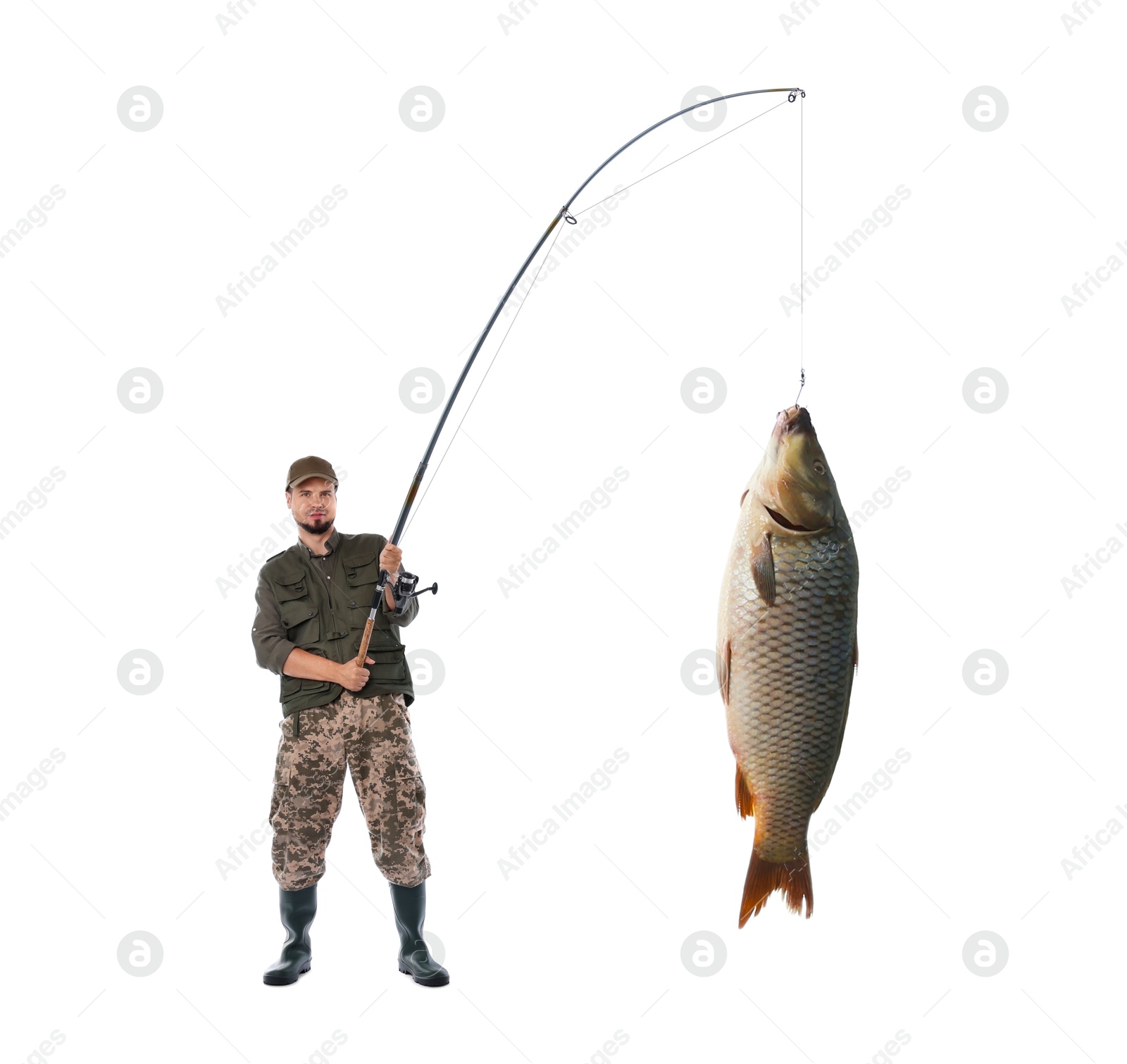 Image of Fisherman in rubber boots catching fish on white background