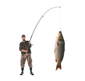 Image of Fisherman in rubber boots catching fish on white background