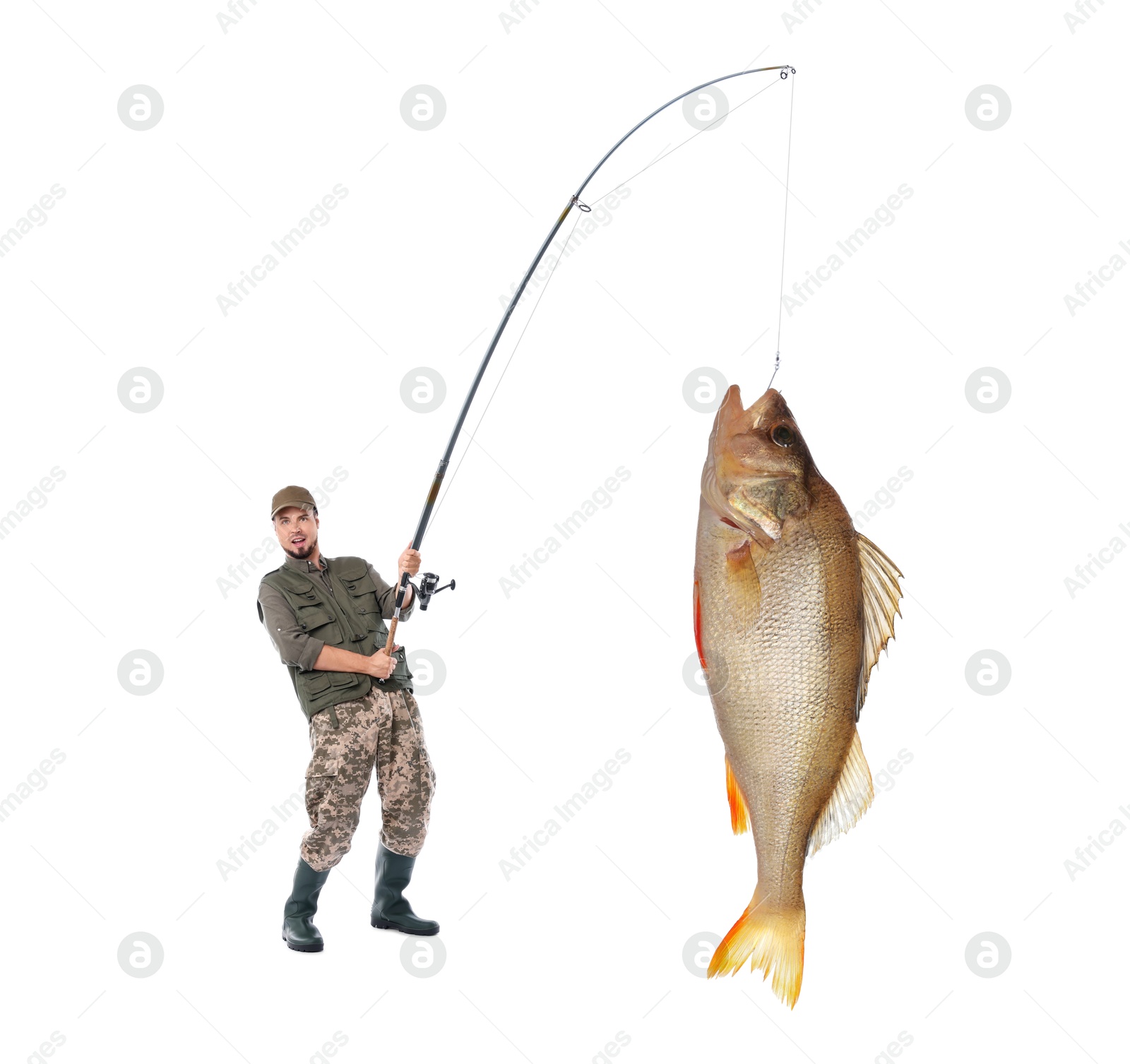 Image of Fisherman in rubber boots catching fish on white background