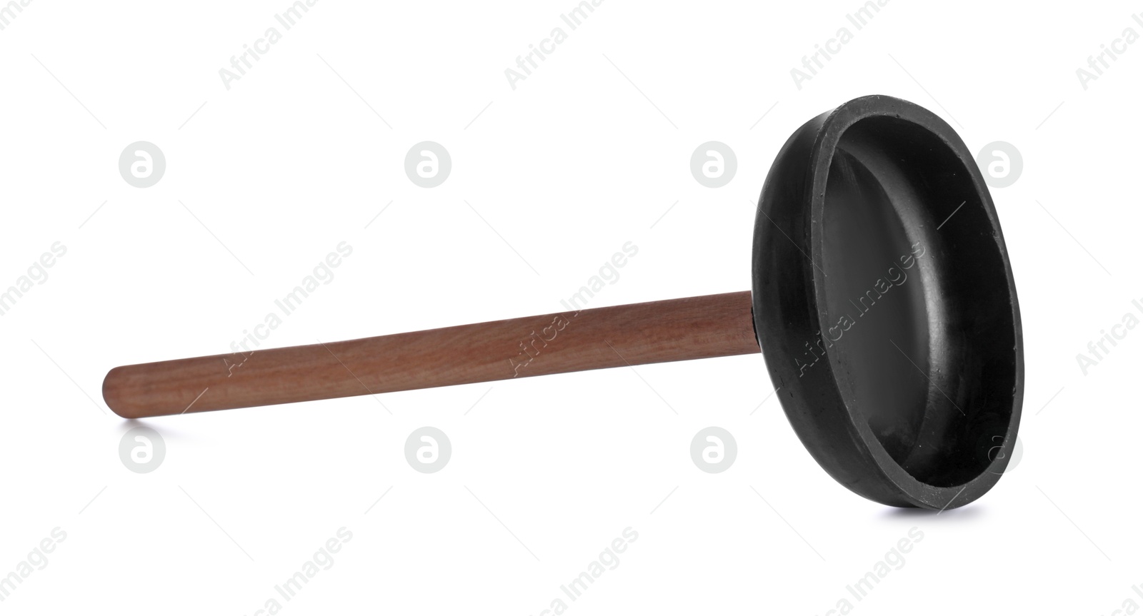 Photo of Plunger with wooden handle isolated on white. Pipe cleaning tool