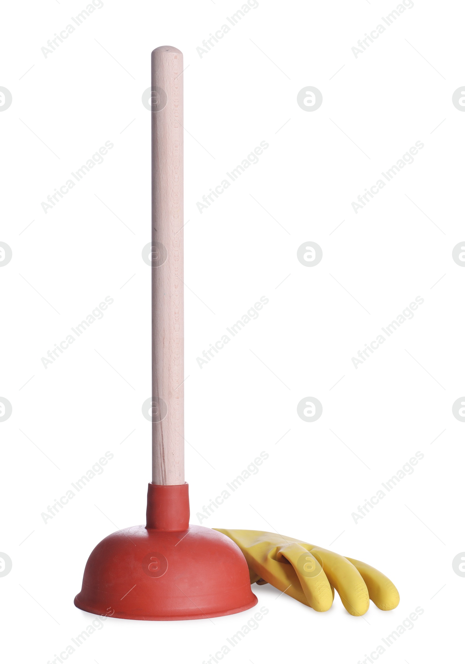 Photo of Plunger with wooden handle and rubber gloves on white background