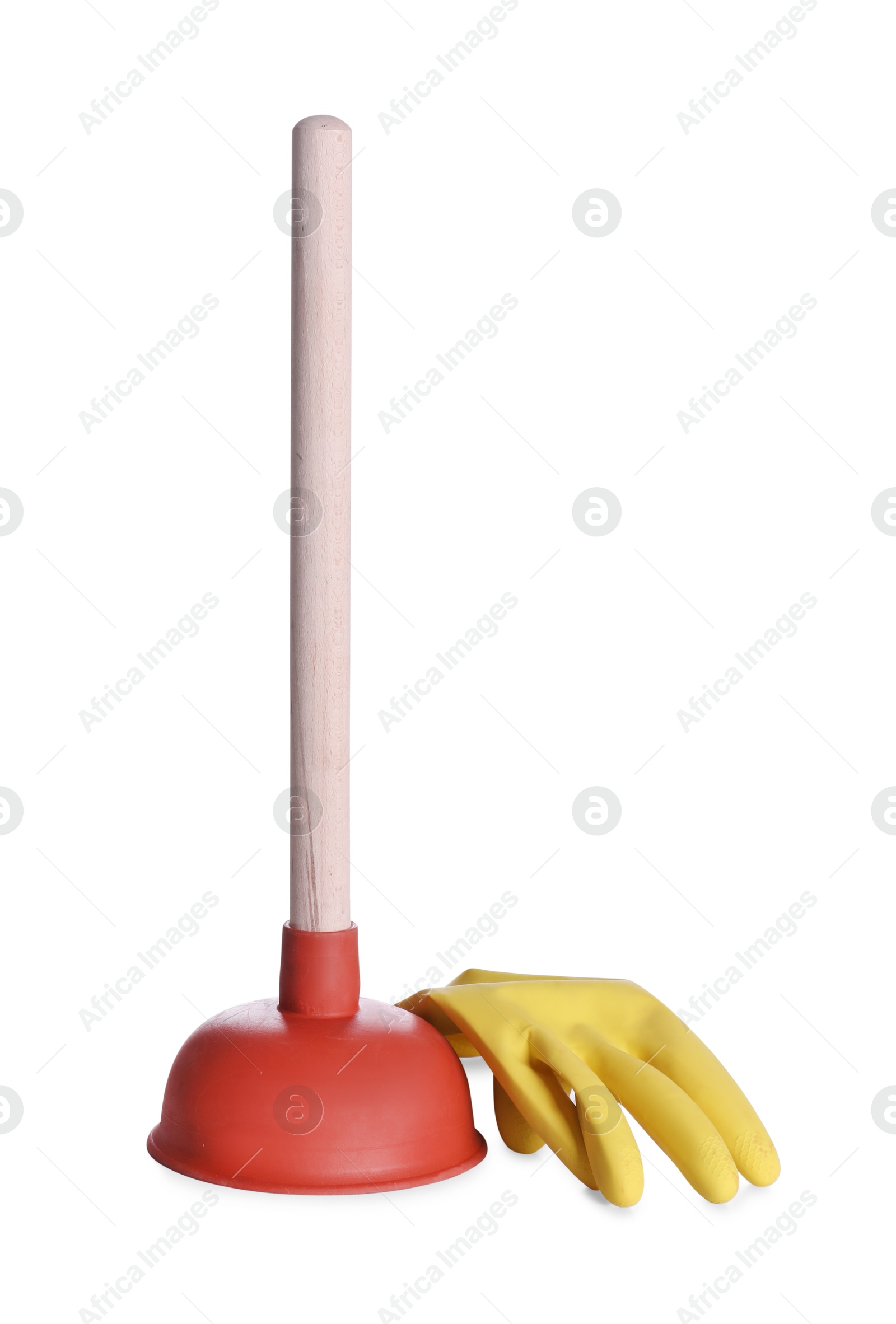 Photo of Plunger with wooden handle and rubber gloves on white background