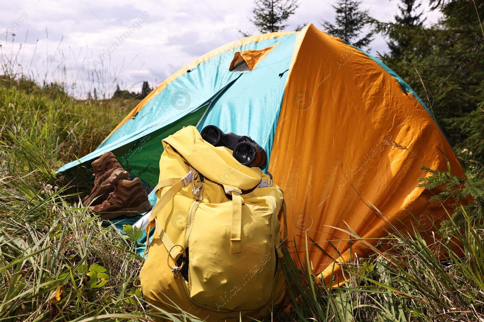 Photo of Tent, backpack, binoculars and shoes on green grass outdoors