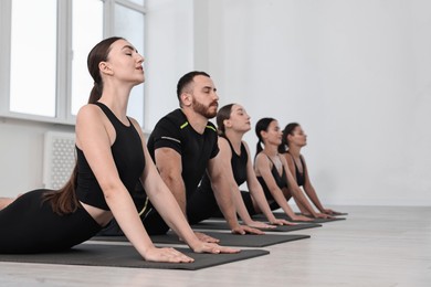 Group of people practicing yoga on mats in class. Space for text