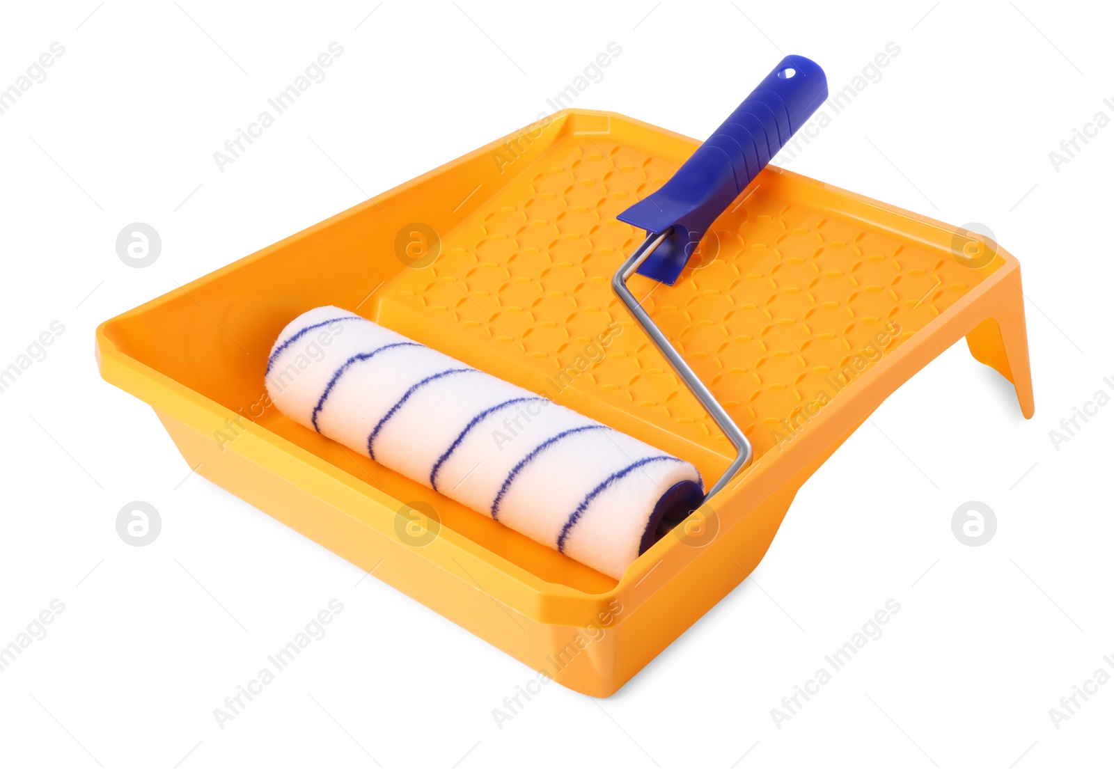 Photo of Paint roller brush and yellow plastic tray isolated on white. Construction tool