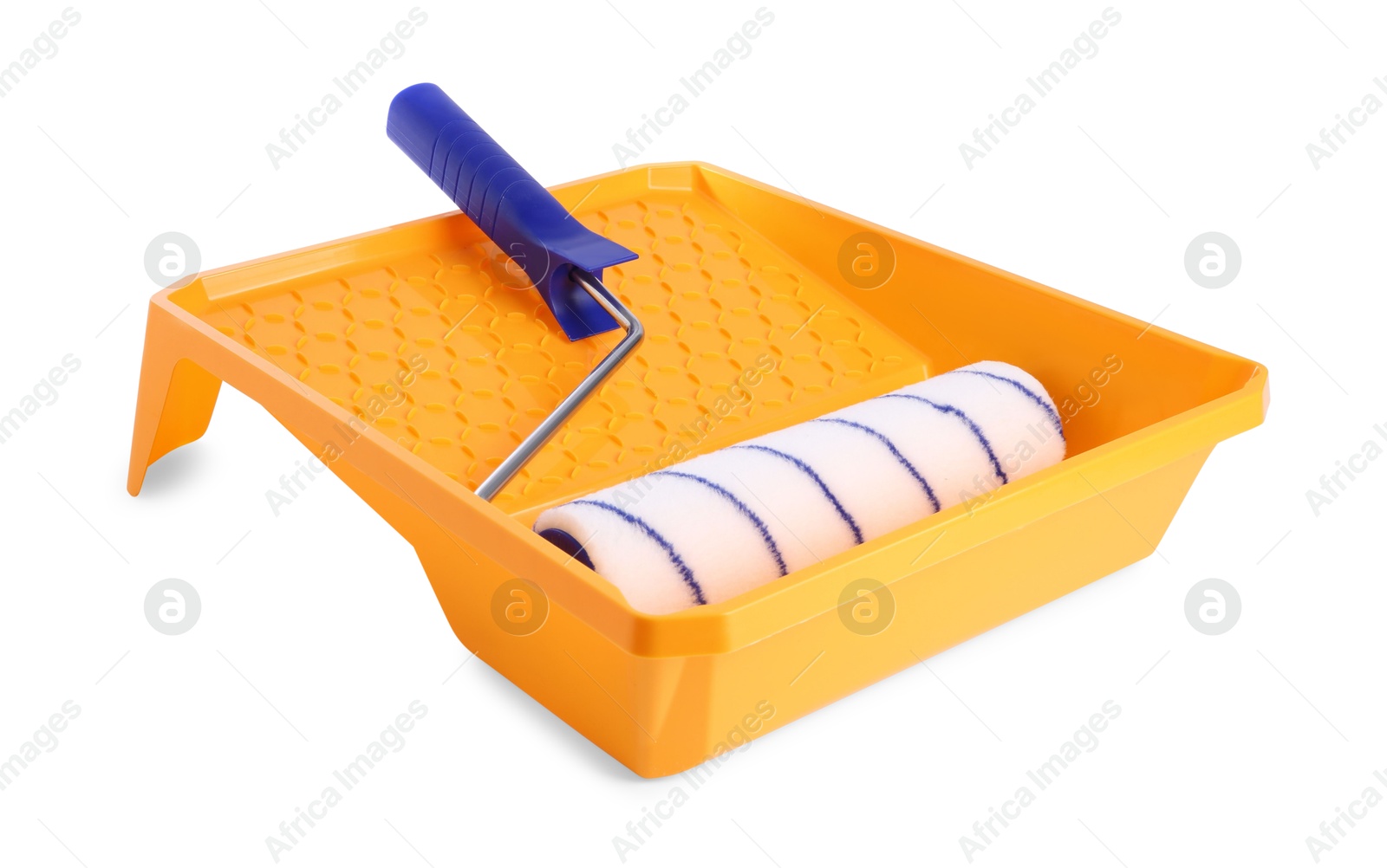 Photo of Paint roller brush and yellow plastic tray isolated on white. Construction tool