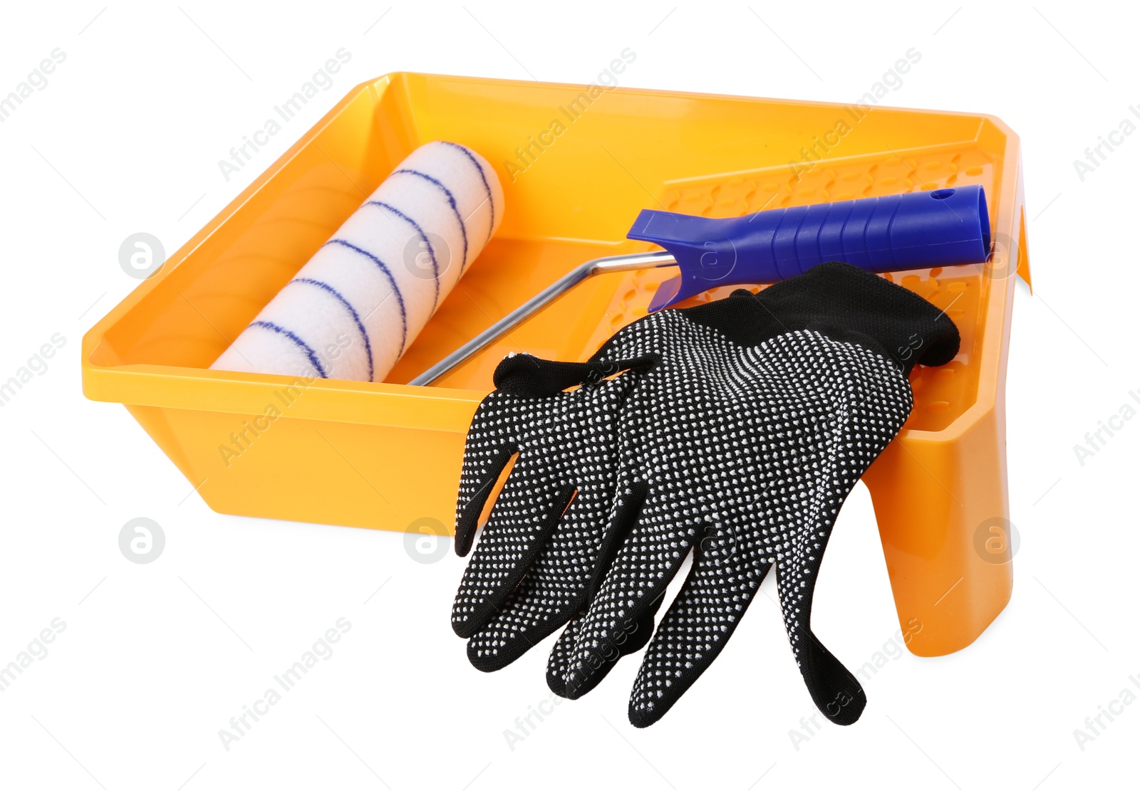 Photo of Paint roller brush, tray and gloves isolated on white