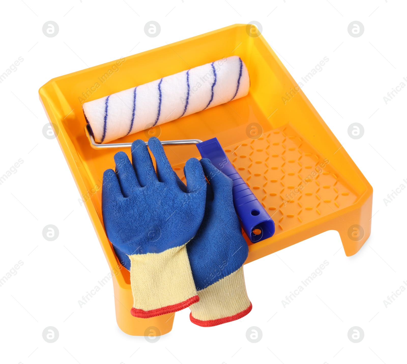 Photo of Paint roller brush, tray and gloves isolated on white