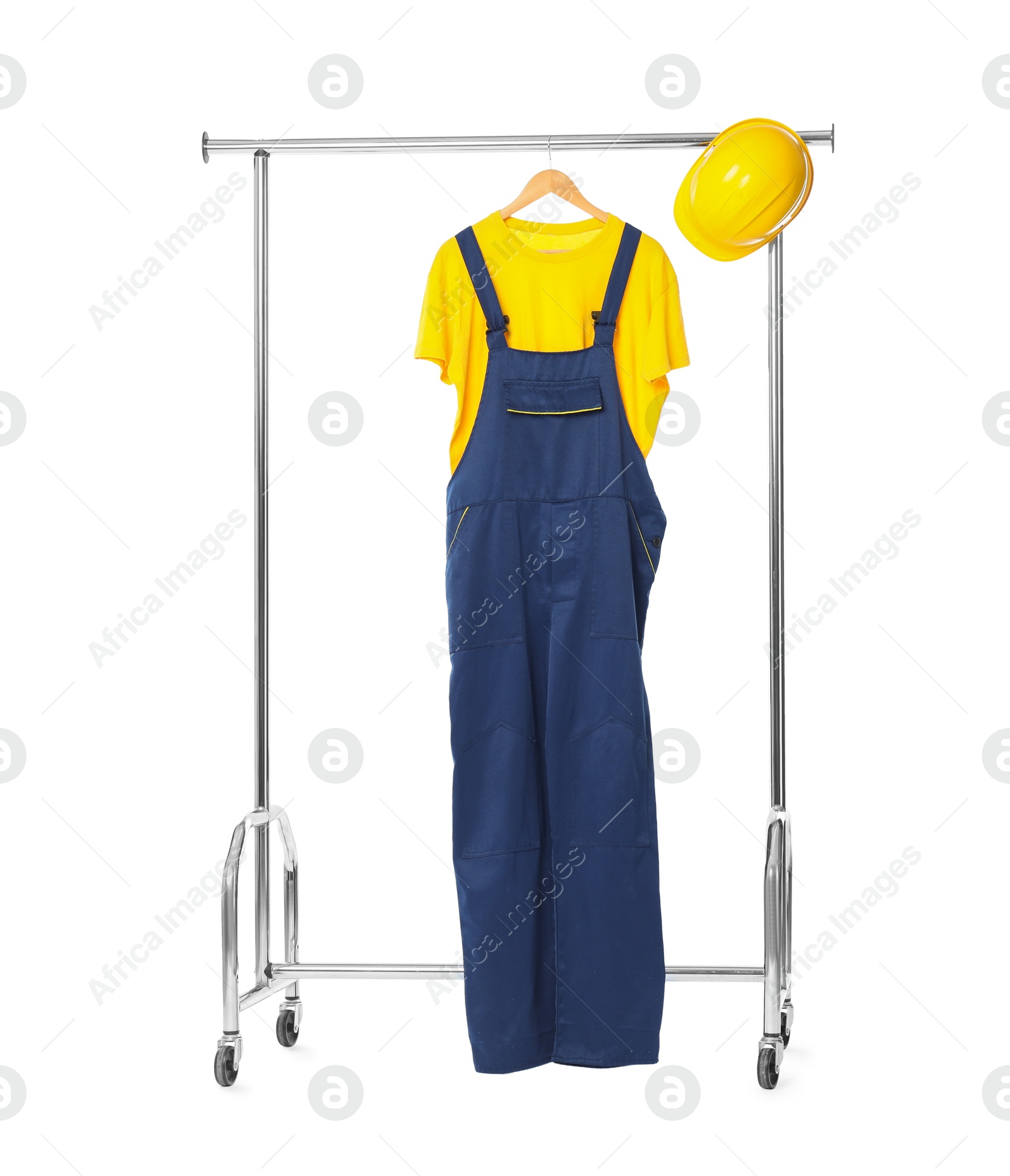 Photo of One worker's uniform on clothing rack isolated on white