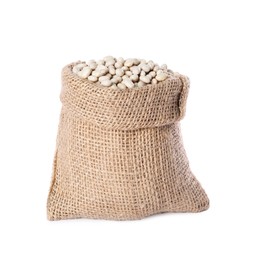 Photo of Burlap sack with dried beans isolated on white