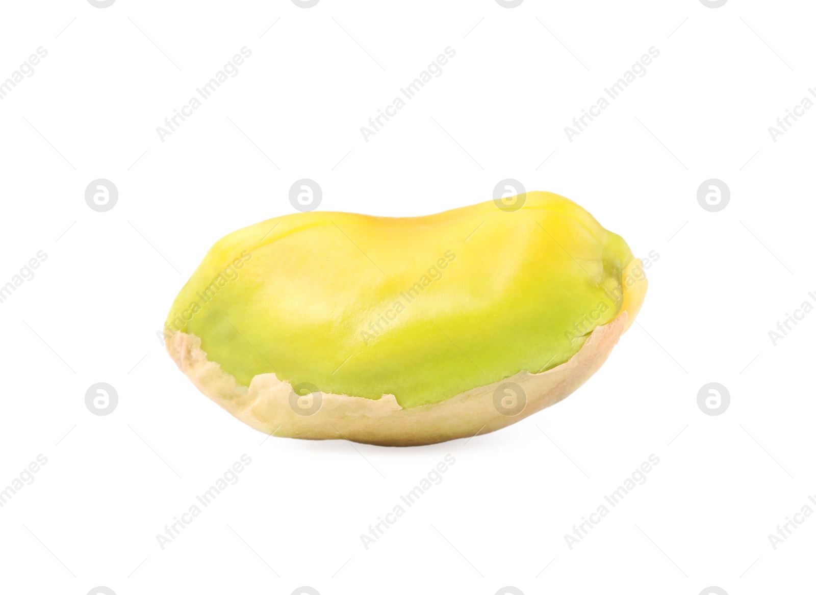 Photo of One peeled pistachio nut isolated on white