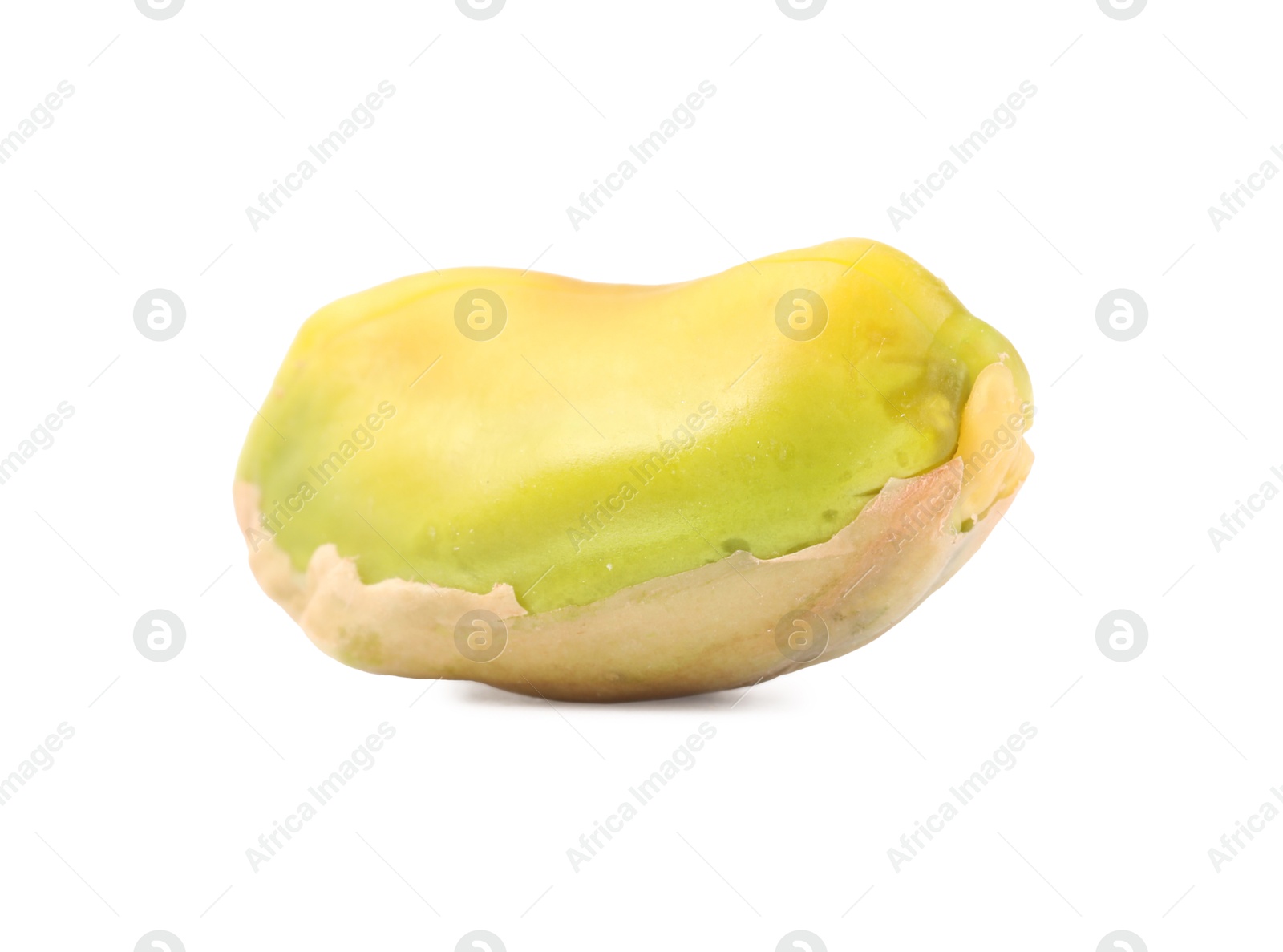 Photo of One peeled pistachio nut isolated on white