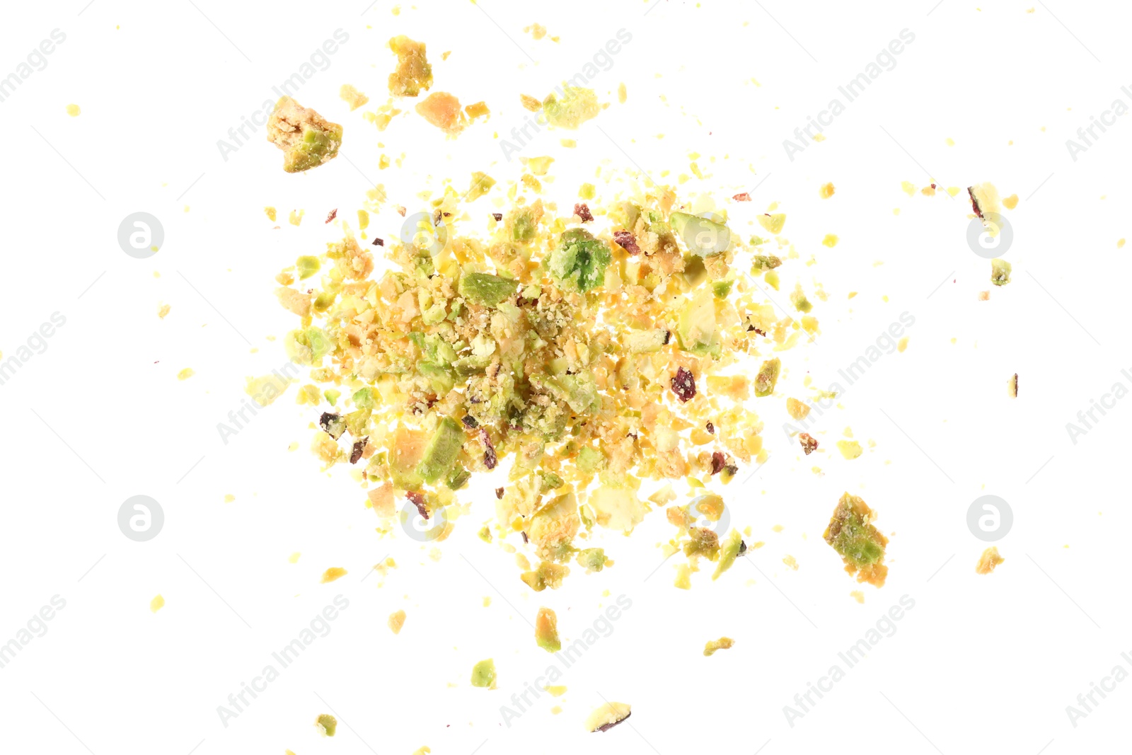 Photo of Pieces of peeled pistachio nut isolated on white