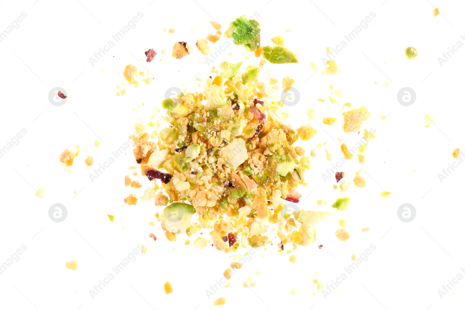 Photo of Pieces of peeled pistachio nut isolated on white