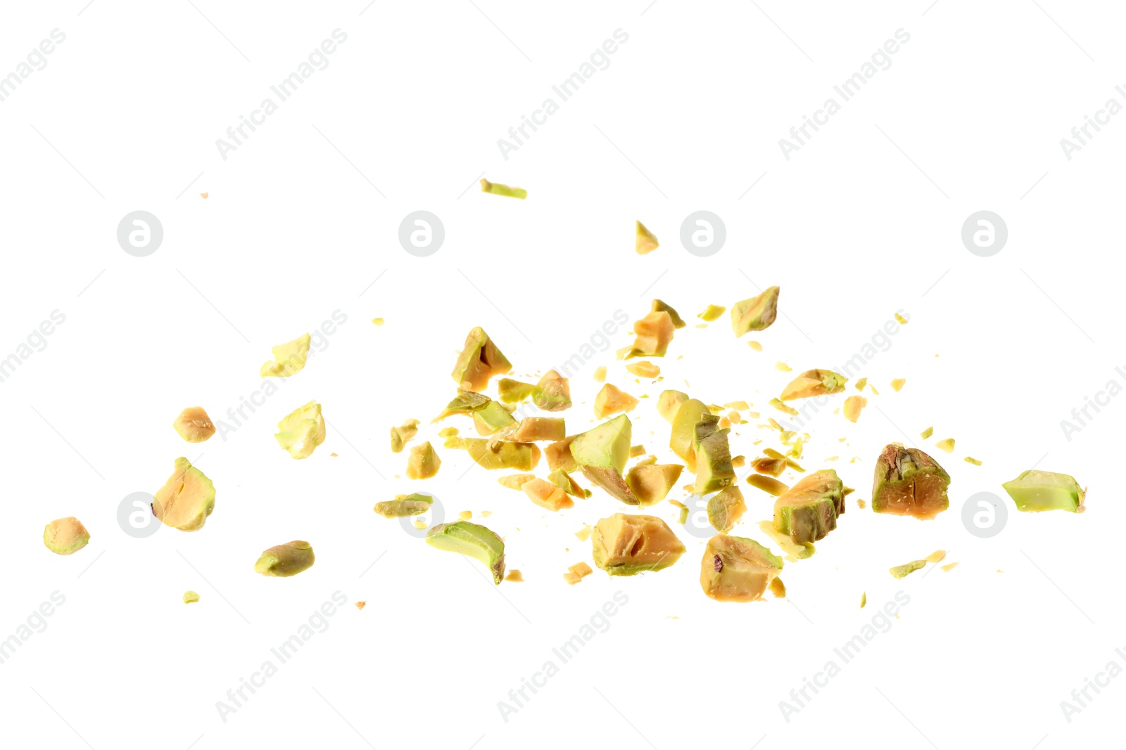 Photo of Pieces of peeled pistachio nut isolated on white