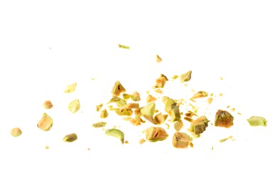 Pieces of peeled pistachio nut isolated on white