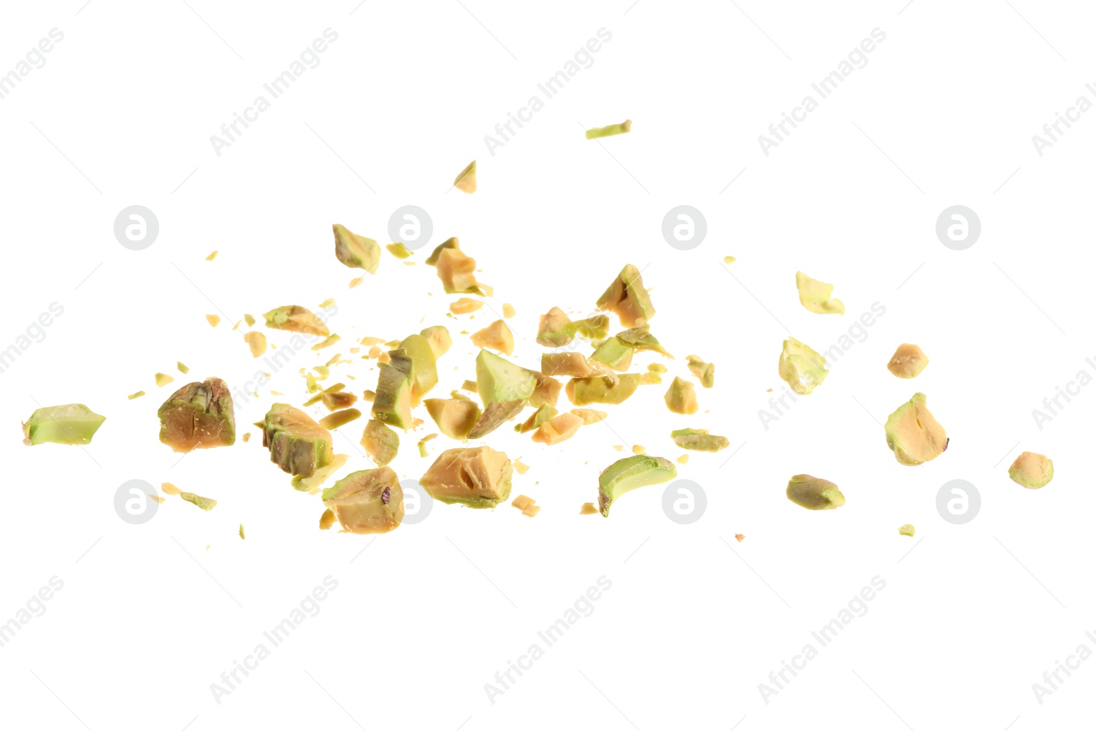 Photo of Pieces of peeled pistachio nut isolated on white