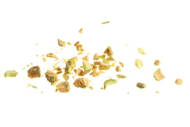 Photo of Pieces of peeled pistachio nut isolated on white