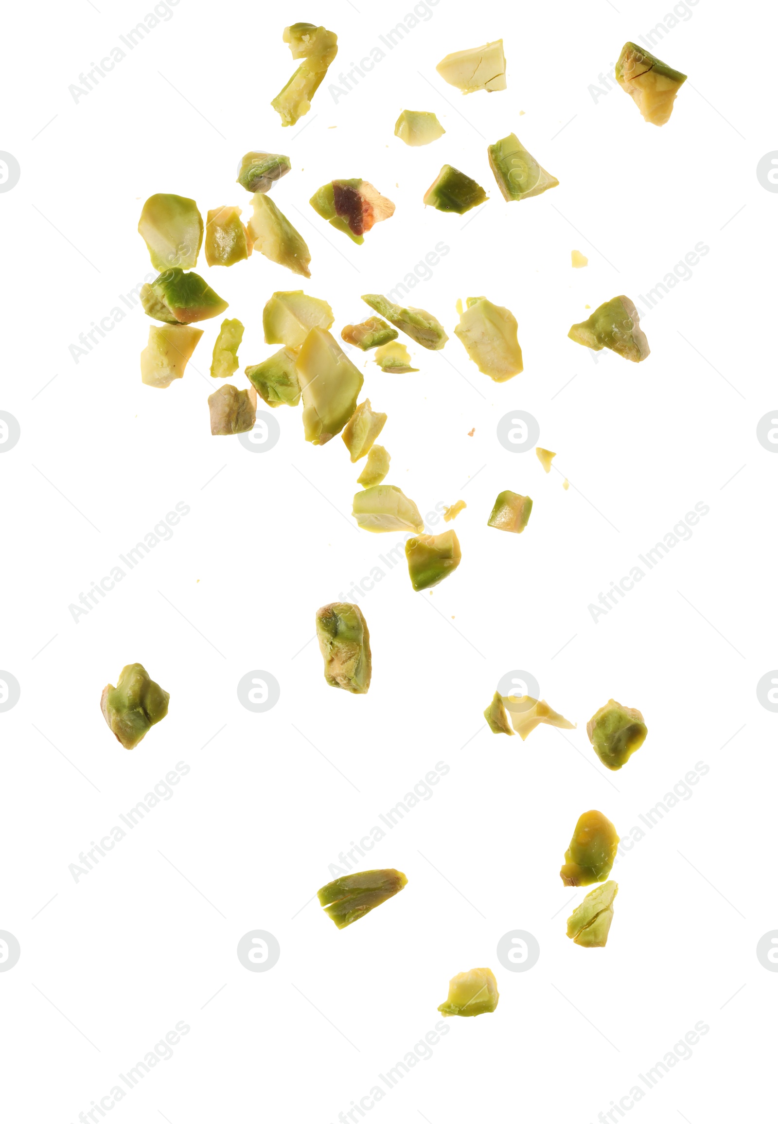 Photo of Pieces of peeled pistachio nut isolated on white