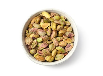 Peeled pistachio nuts in bowl isolated on white, top view