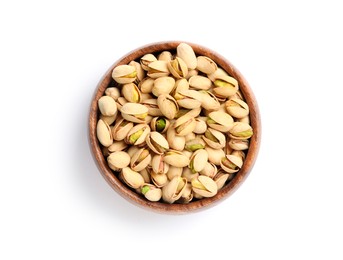 Tasty pistachio nuts in bowl isolated on white, top view