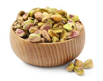 Peeled pistachio nuts in bowl isolated on white