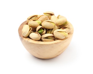 Tasty pistachio nuts in bowl isolated on white