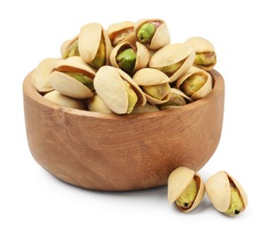 Photo of Tasty pistachio nuts in bowl isolated on white