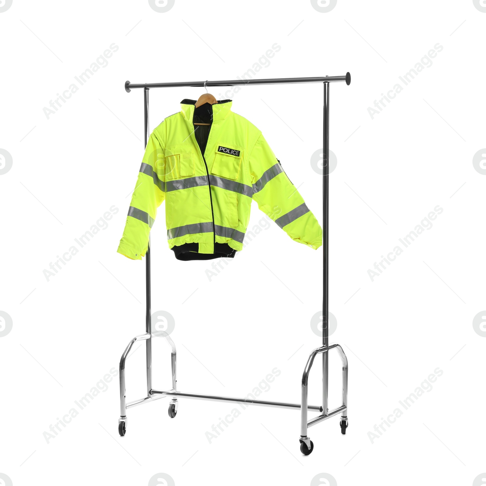 Photo of Bright policeman's jacket on clothing rack isolated on white