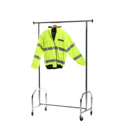 Photo of Bright policeman's jacket on clothing rack isolated on white