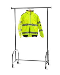 Bright policeman's jacket on clothing rack isolated on white