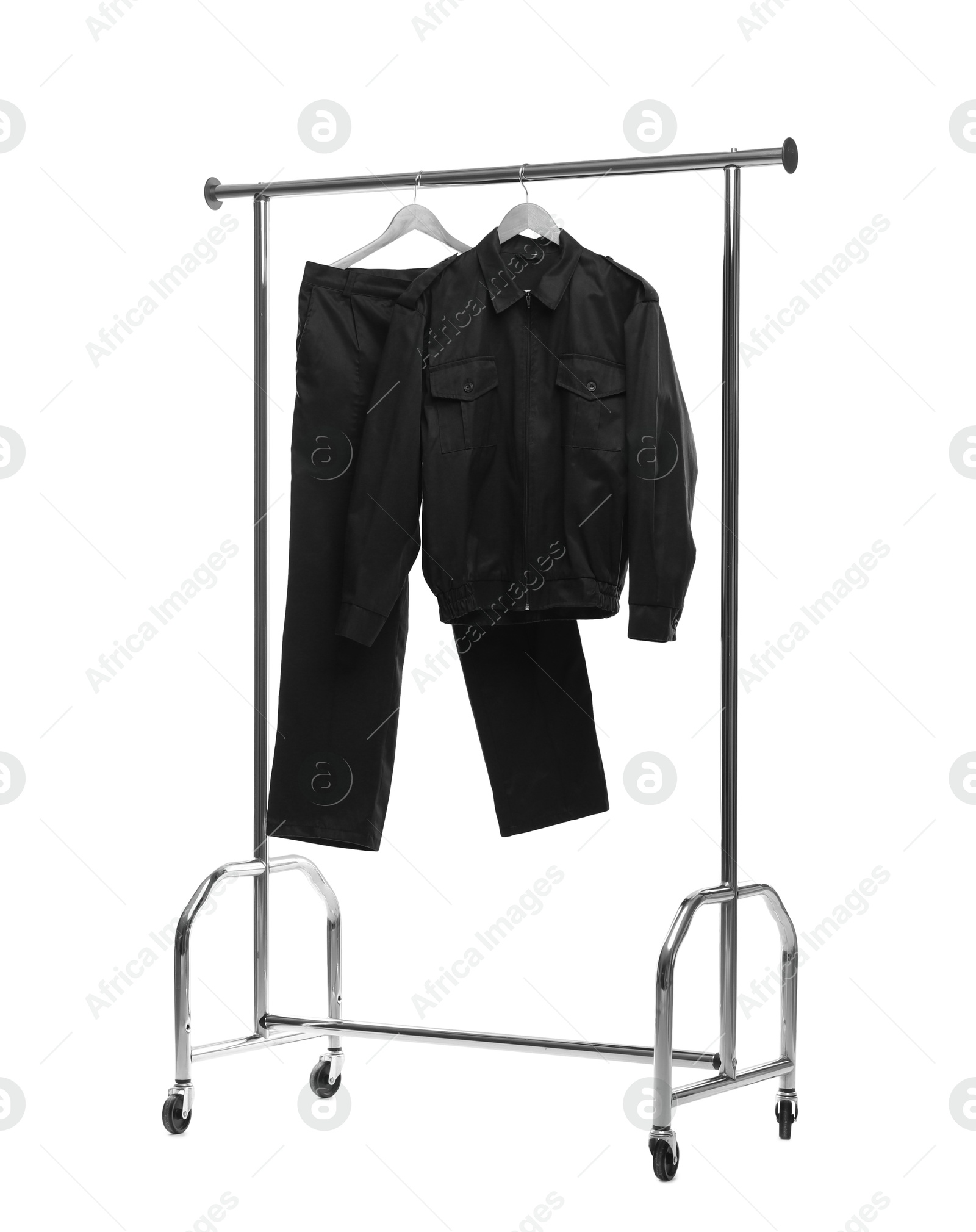 Photo of Security guard's uniform on clothing rack isolated on white