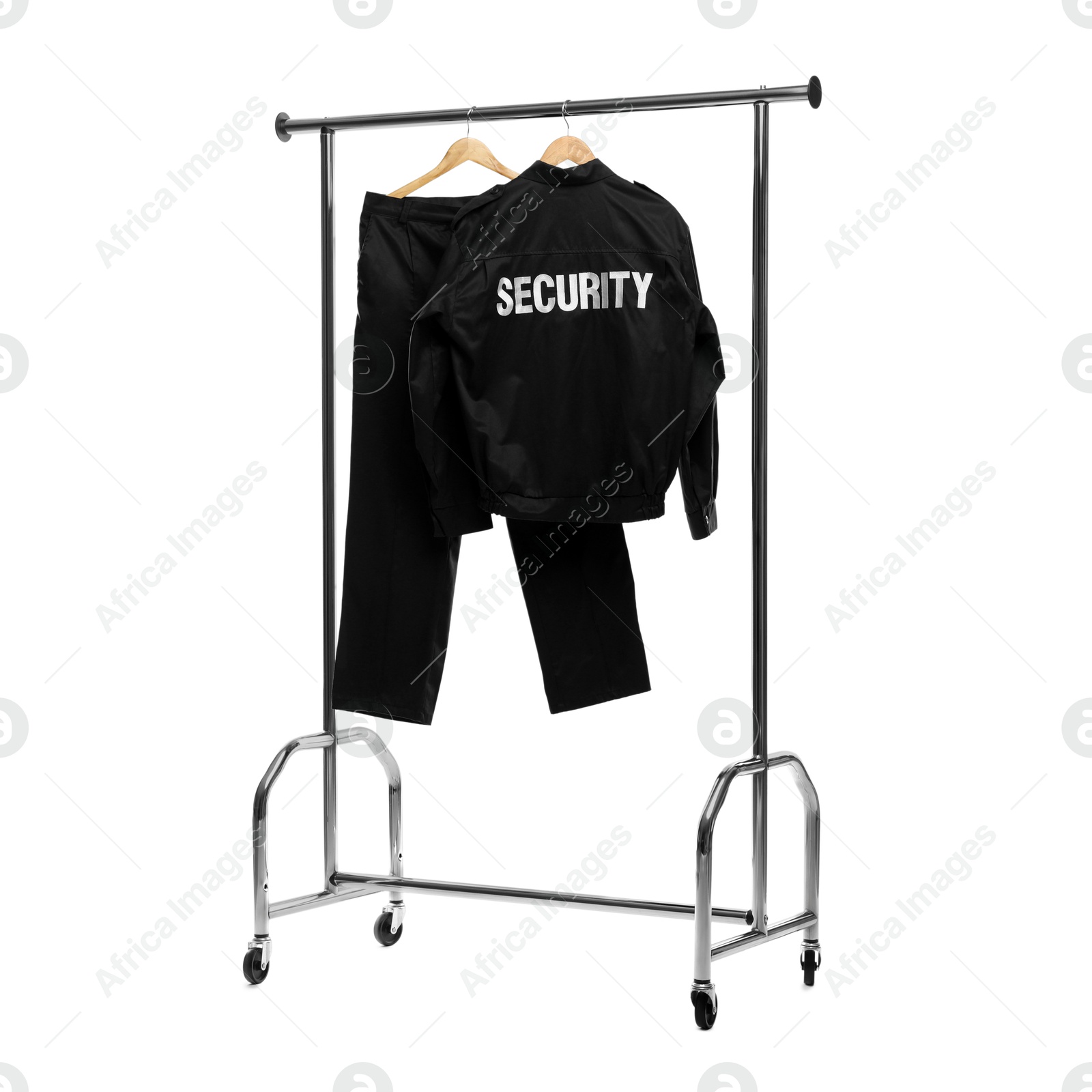 Photo of Security guard's uniform on clothing rack isolated on white