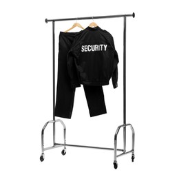 Photo of Security guard's uniform on clothing rack isolated on white