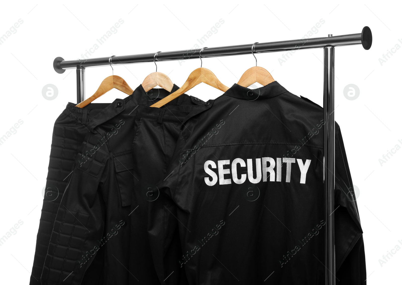 Photo of Security guard's uniform on clothing rack isolated on white