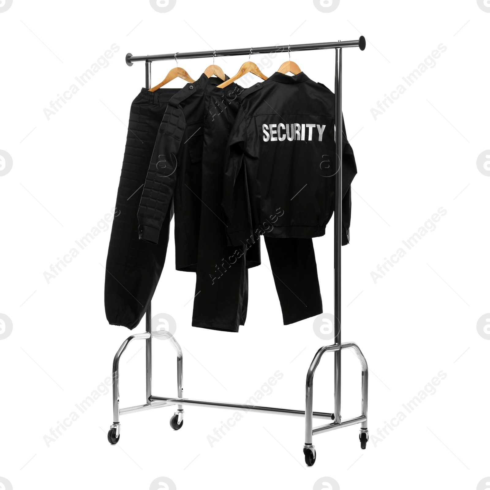 Photo of Security guard's uniform on clothing rack isolated on white