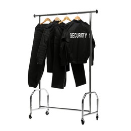 Photo of Security guard's uniform on clothing rack isolated on white