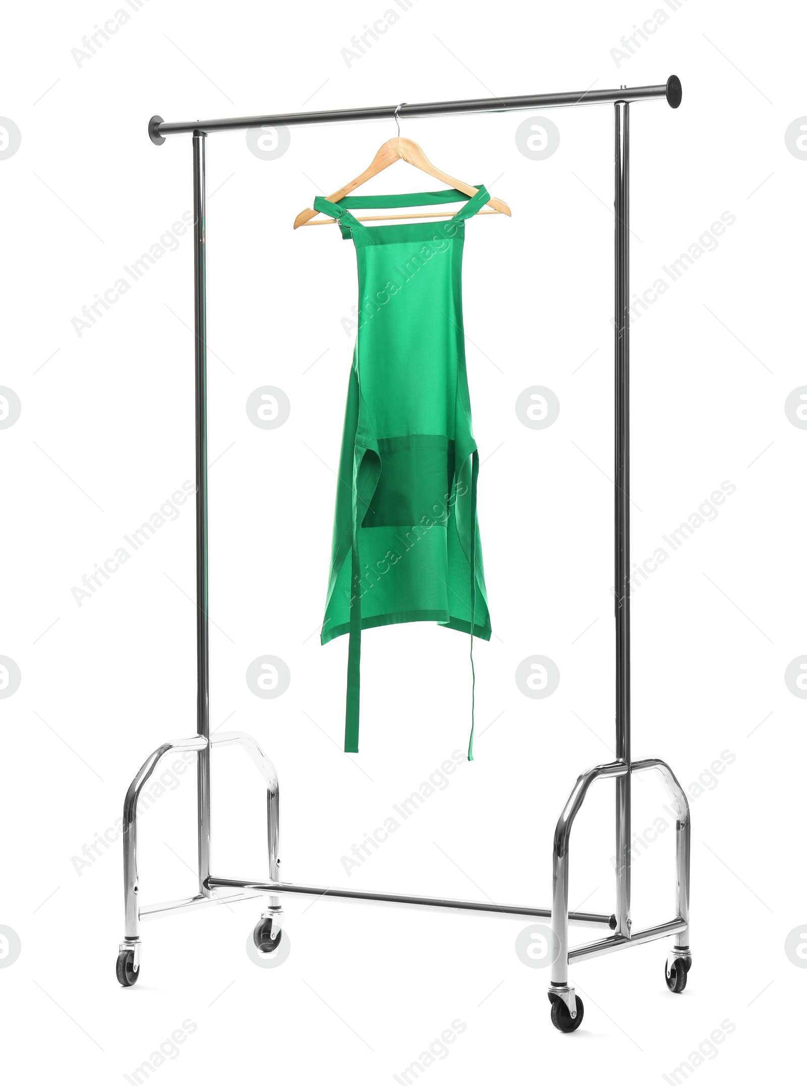 Photo of Chef's apron on clothing rack isolated on white